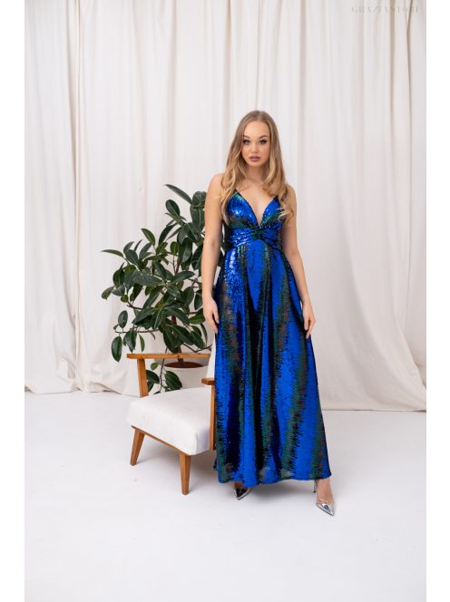 Zelma - flitrované maxi šaty na špagetové ramienka, s hlbokým výstrihom a A-čkovou sukňou, v modro-zelenej farbe