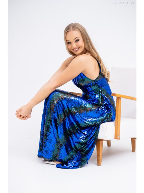 Zelma - flitrované maxi šaty na špagetové ramienka, s hlbokým výstrihom a A-čkovou sukňou, v modro-zelenej farbe