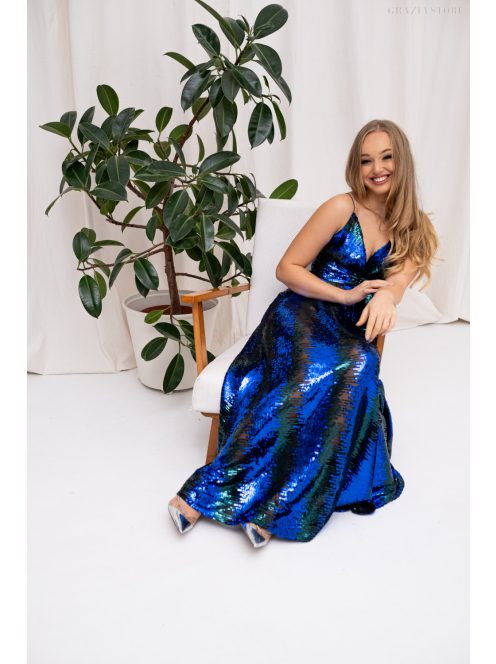 Zelma - flitrované maxi šaty na špagetové ramienka, s hlbokým výstrihom a A-čkovou sukňou, v modro-zelenej farbe