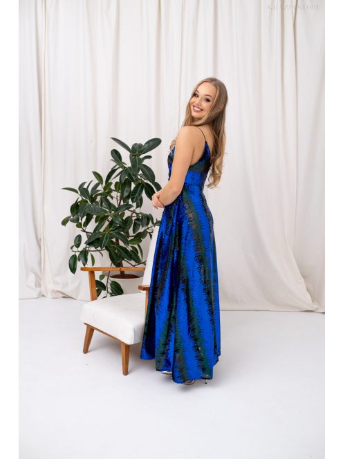 Zelma - flitrované maxi šaty na špagetové ramienka, s hlbokým výstrihom a A-čkovou sukňou, v modro-zelenej farbe