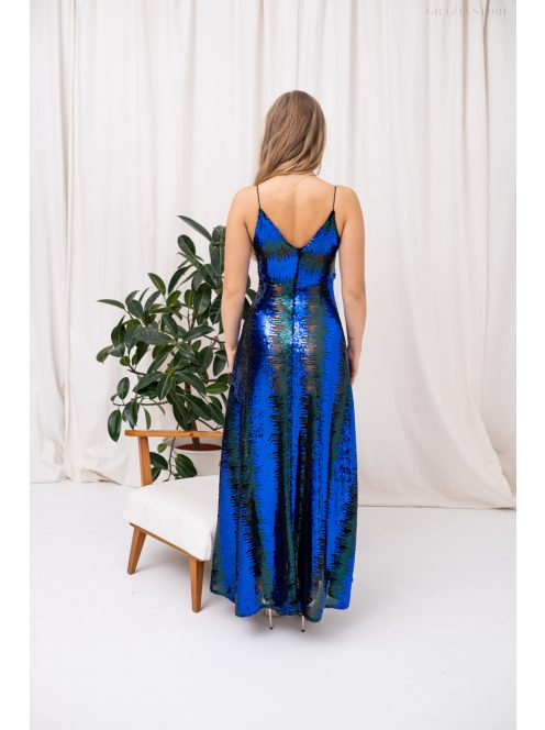 Zelma - flitrované maxi šaty na špagetové ramienka, s hlbokým výstrihom a A-čkovou sukňou, v modro-zelenej farbe