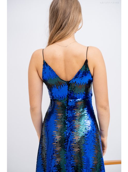 Zelma - flitrované maxi šaty na špagetové ramienka, s hlbokým výstrihom a A-čkovou sukňou, v modro-zelenej farbe