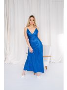 Emili- maxi šaty s výstrihom do V a tenkými ramienkami z lesklej plisovanej látky, v modrej farbe