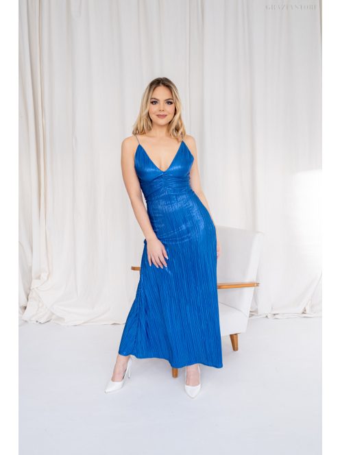 Emili- maxi šaty s výstrihom do V a tenkými ramienkami z lesklej plisovanej látky, v modrej farbe