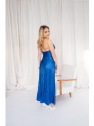 Emili- maxi šaty s výstrihom do V a tenkými ramienkami z lesklej plisovanej látky, v modrej farbe