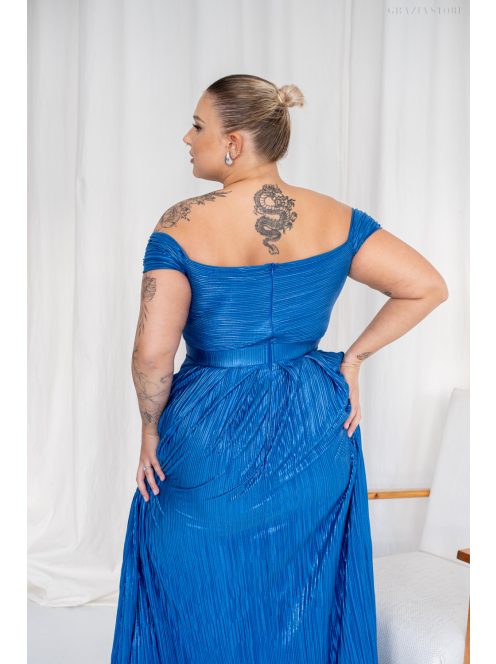 Inez - maxi šaty z lesklého plisovaného materiálu s nariaseným topom a romantickými rukávmi, v modrej farbe