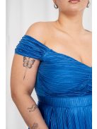 Inez - maxi šaty z lesklého plisovaného materiálu s nariaseným topom a romantickými rukávmi, v modrej farbe