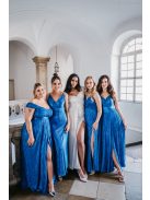 Inez - maxi šaty z lesklého plisovaného materiálu s nariaseným topom a romantickými rukávmi, v modrej farbe