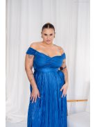 Inez - maxi šaty z lesklého plisovaného materiálu s nariaseným topom a romantickými rukávmi, v modrej farbe