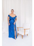 Inez - maxi šaty z lesklého plisovaného materiálu s nariaseným topom a romantickými rukávmi, v modrej farbe