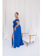 Inez - maxi šaty z lesklého plisovaného materiálu s nariaseným topom a romantickými rukávmi, v modrej farbe