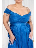 Inez - maxi šaty z lesklého plisovaného materiálu s nariaseným topom a romantickými rukávmi, v modrej farbe