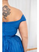 Inez - maxi šaty z lesklého plisovaného materiálu s nariaseným topom a romantickými rukávmi, v modrej farbe