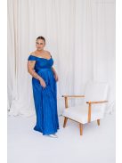 Inez - maxi šaty z lesklého plisovaného materiálu s nariaseným topom a romantickými rukávmi, v modrej farbe