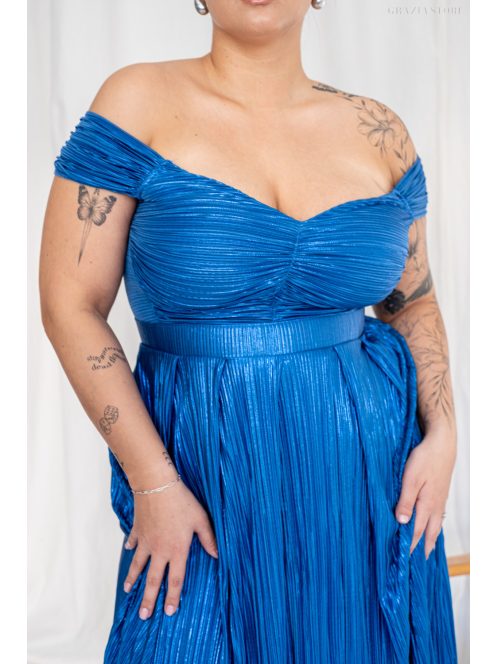 Inez - maxi šaty z lesklého plisovaného materiálu s nariaseným topom a romantickými rukávmi, v modrej farbe