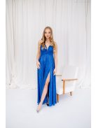 Zelma - maxi šaty z lesklého, plisovaného materiálu so špagetovými ramienkami a hlbokým výstrihom, v modrej farbe