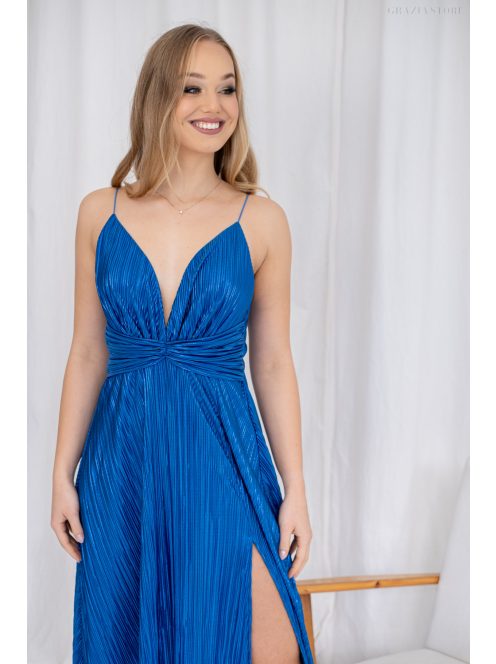 Zelma - maxi šaty z lesklého, plisovaného materiálu so špagetovými ramienkami a hlbokým výstrihom, v modrej farbe