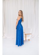 Zelma - maxi šaty z lesklého, plisovaného materiálu so špagetovými ramienkami a hlbokým výstrihom, v modrej farbe