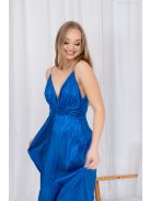 Zelma - maxi šaty z lesklého, plisovaného materiálu so špagetovými ramienkami a hlbokým výstrihom, v modrej farbe