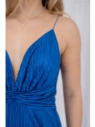 Zelma - maxi šaty z lesklého, plisovaného materiálu so špagetovými ramienkami a hlbokým výstrihom, v modrej farbe
