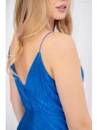 Zelma - maxi šaty z lesklého, plisovaného materiálu so špagetovými ramienkami a hlbokým výstrihom, v modrej farbe