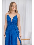 Zelma - maxi šaty z lesklého, plisovaného materiálu so špagetovými ramienkami a hlbokým výstrihom, v modrej farbe