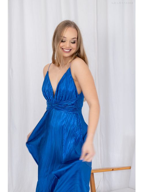 Zelma - maxi šaty z lesklého, plisovaného materiálu so špagetovými ramienkami a hlbokým výstrihom, v modrej farbe