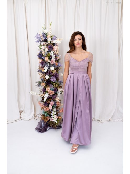 Inez - romantické, saténové maxi šaty s nariaseným topom a trblietavým tylom, v staroružovej farbe