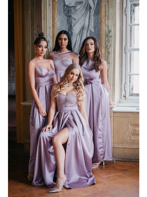 Inez - romantické, saténové maxi šaty s nariaseným topom a trblietavým tylom, v staroružovej farbe