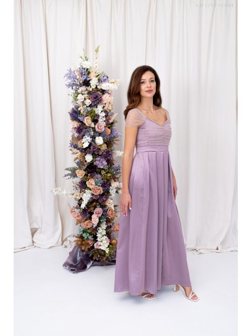 Inez - romantické, saténové maxi šaty s nariaseným topom a trblietavým tylom, v staroružovej farbe