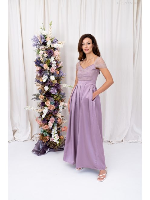 Inez - romantické, saténové maxi šaty s nariaseným topom a trblietavým tylom, v staroružovej farbe