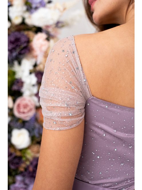 Inez - romantické, saténové maxi šaty s nariaseným topom a trblietavým tylom, v staroružovej farbe