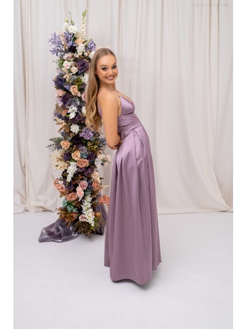 Zenina - saténové maxi šaty s výstrihom do V a špagetovými ramienkami, v staroružovej farbe