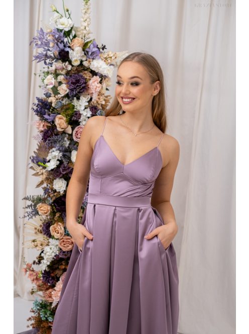 Zenina - saténové maxi šaty s výstrihom do V a špagetovými ramienkami, v staroružovej farbe