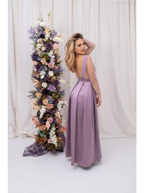 Gyöngy - saténové maxi šaty s trblietavým topom, s odhaleným chrbtom do V, v staroružovej farbe