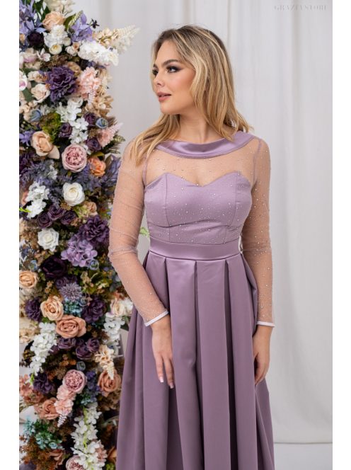 Gyöngy - saténové maxi šaty s trblietavým topom, s odhaleným chrbtom do V, v staroružovej farbe