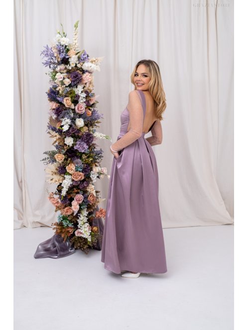 Gyöngy - saténové maxi šaty s trblietavým topom, s odhaleným chrbtom do V, v staroružovej farbe