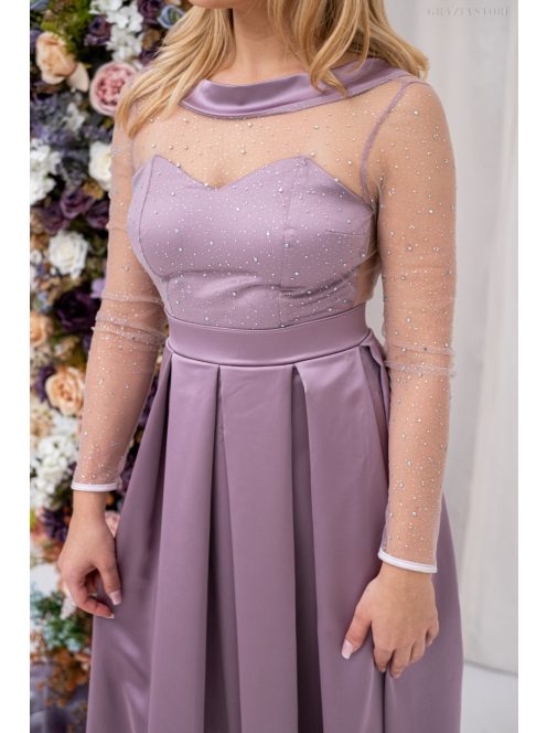 Gyöngy - saténové maxi šaty s trblietavým topom, s odhaleným chrbtom do V, v staroružovej farbe