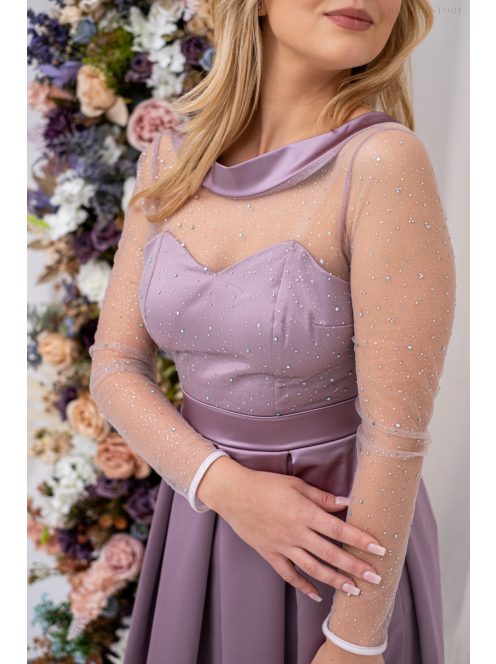 Gyöngy - saténové maxi šaty s trblietavým topom, s odhaleným chrbtom do V, v staroružovej farbe