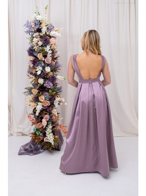 Gyöngy - saténové maxi šaty s trblietavým topom, s odhaleným chrbtom do V, v staroružovej farbe