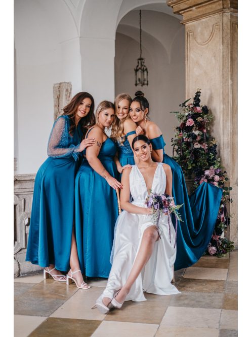 Dália - saténové maxi šaty so zaväzovaním na chrbte, v petrolejovej modrej farbe