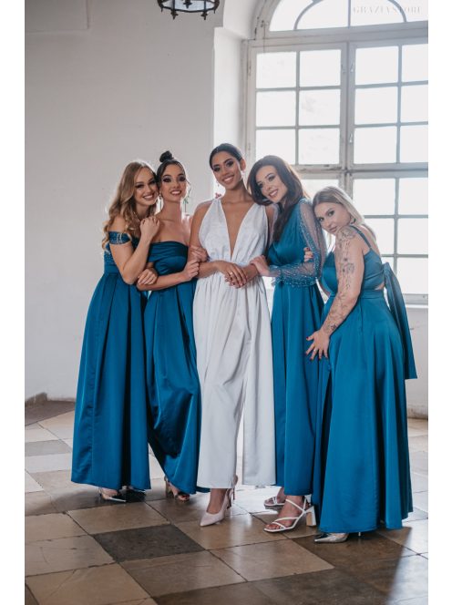 Dália - saténové maxi šaty so zaväzovaním na chrbte, v petrolejovej modrej farbe