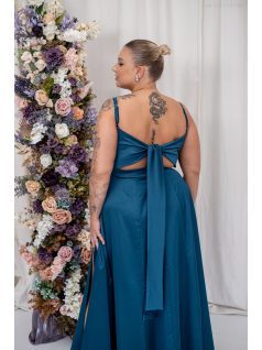   Dália - saténové maxi šaty so zaväzovaním na chrbte, v petrolejovej modrej farbe