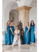 Írisz - maxi šaty so špeciálnym výstrihom, dlhými, štrasovými, tylovými rukávmi zo saténového materiálu, v petrolejovej modrej farbe