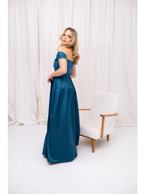 Inez - romantické maxi šaty s nariaseným topom a trblietavým tylom, v petrolejovej modrej farbe