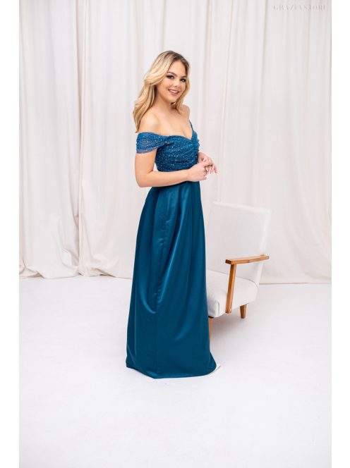 Inez - romantické maxi šaty s nariaseným topom a trblietavým tylom, v petrolejovej modrej farbe