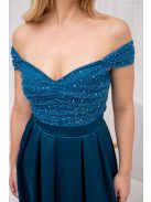 Inez - romantické maxi šaty s nariaseným topom a trblietavým tylom, v petrolejovej modrej farbe