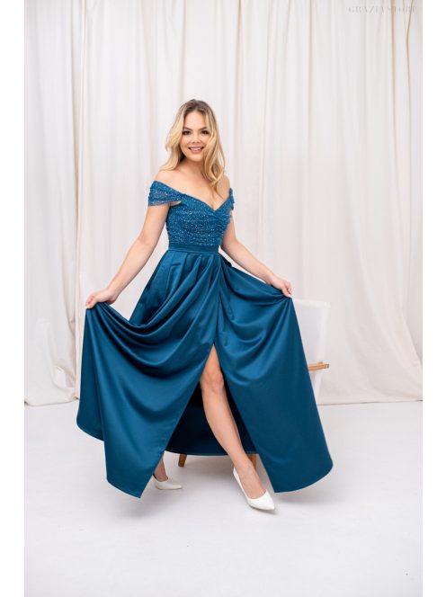 Inez - romantické maxi šaty s nariaseným topom a trblietavým tylom, v petrolejovej modrej farbe