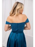 Inez - romantické maxi šaty s nariaseným topom a trblietavým tylom, v petrolejovej modrej farbe