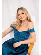 Inez - romantické maxi šaty s nariaseným topom a trblietavým tylom, v petrolejovej modrej farbe